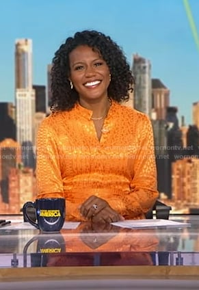 Janai's orange print wide leg jumpsuit on Good Morning America