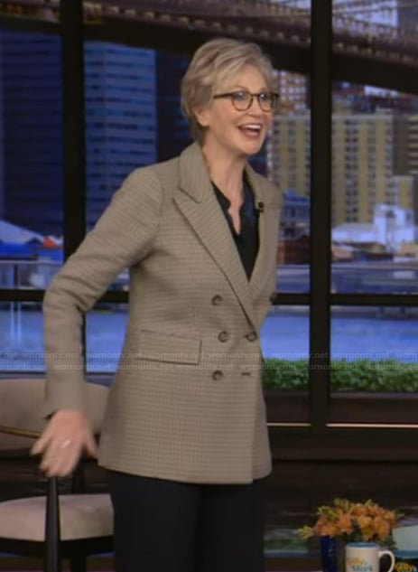 Jane Lynch’s check print blazer on Live with Kelly and Mark