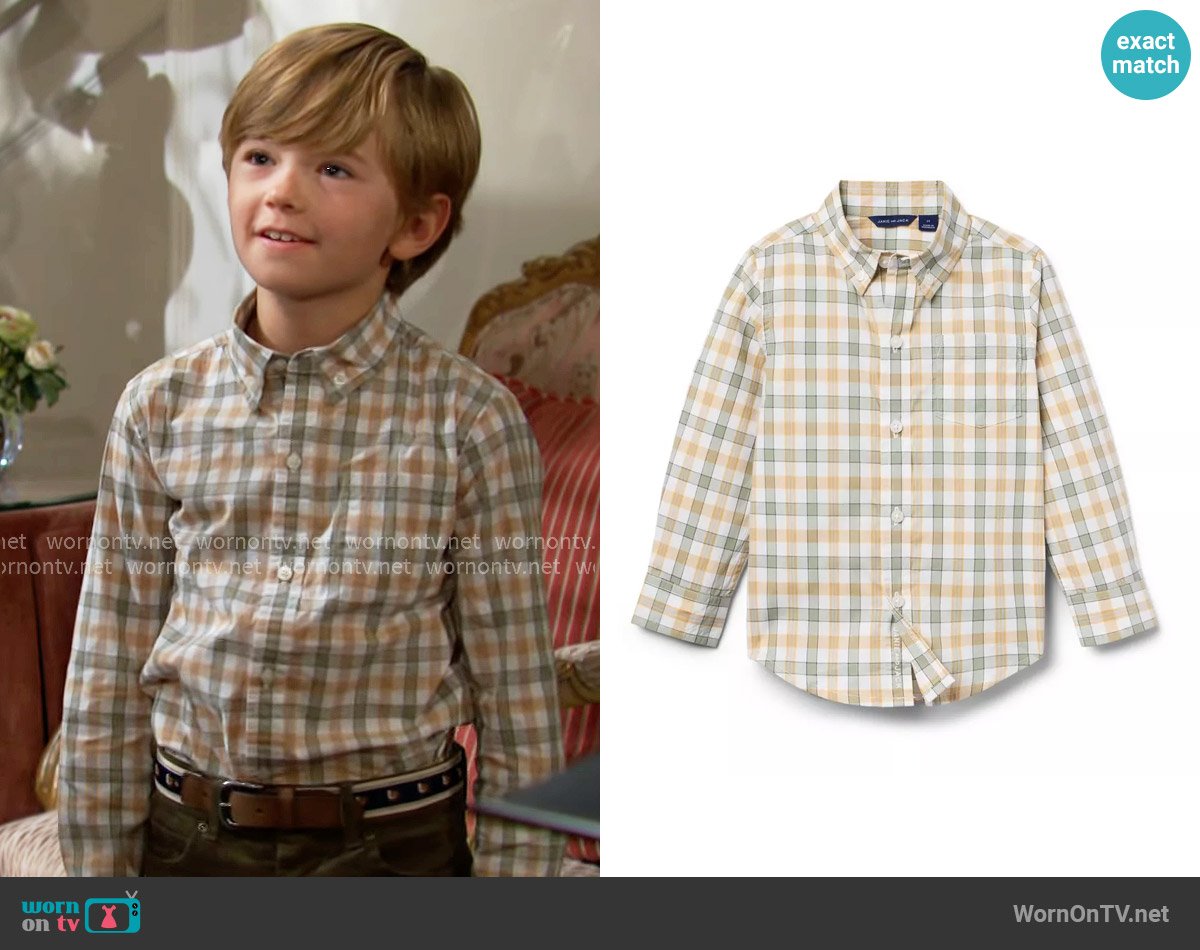 Janie + Jack Plaid Poplin Shirt in Gold Wheat Plaid worn by Harrison Abbott (Redding Munsell) on The Young and the Restless