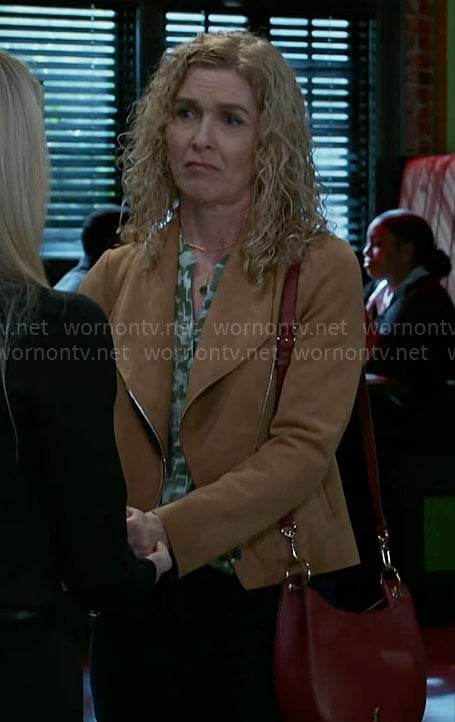 Jan’s green printed top and suede jacket on Beyond the Gates