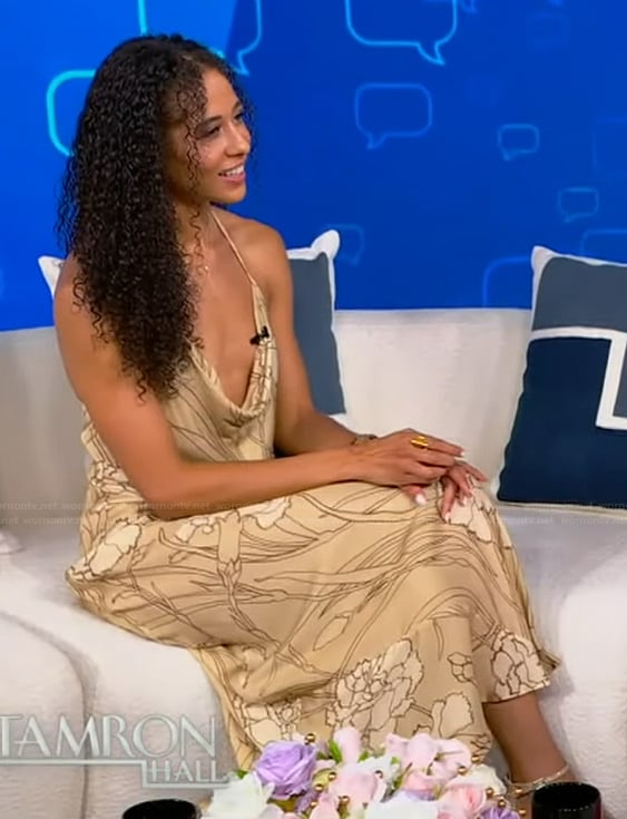 Jasmine Mcleish’s beige floral slip dress on Tamron Hall Show