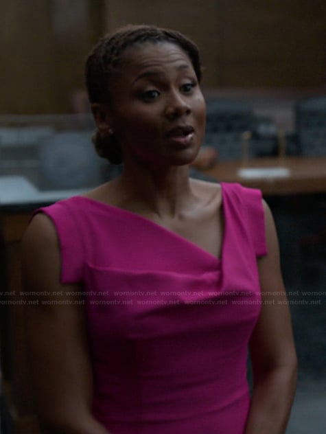Jax’s pink asymmetric neck dress on Reasonable Doubt
