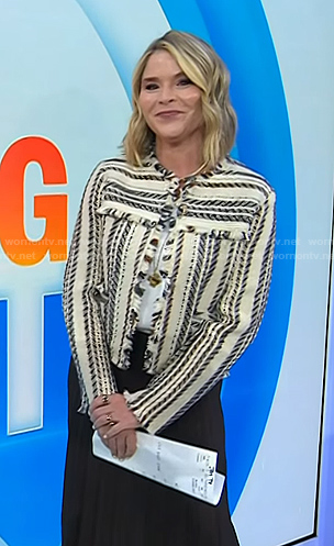 Jenna’s white stripe tweed jacket and brown pleated skirt on Today