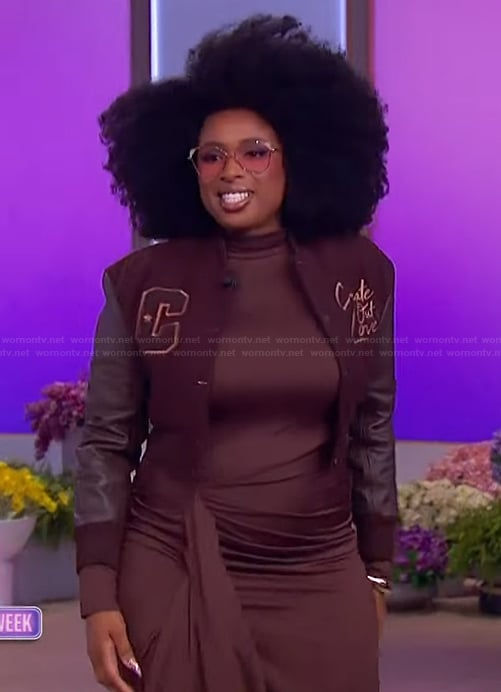 Jennifer’s bomber jacket and brown mesh dress on The Jennifer Hudson Show