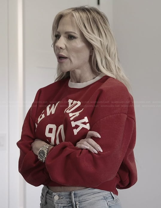 Jennifer's red sweatshirt and jeans on The Real Housewives of Orange County