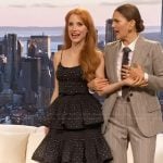 Jessica Chastain’s black polka dot print tiered dress on The Drew Barrymore Show