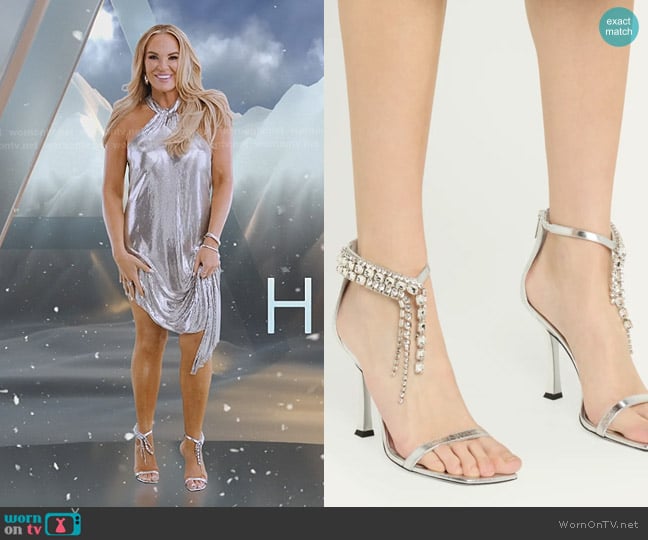 Jimmy Choo Verity Metallic Leather Crystal-Cuff Sandals worn by Heather Gay on The Real Housewives of Salt Lake City