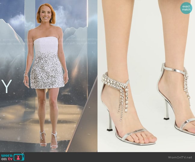 Jimmy Choo Verity Metallic Leather Crystal-Cuff Sandals worn by Whitney Rose on The Real Housewives of Salt Lake City