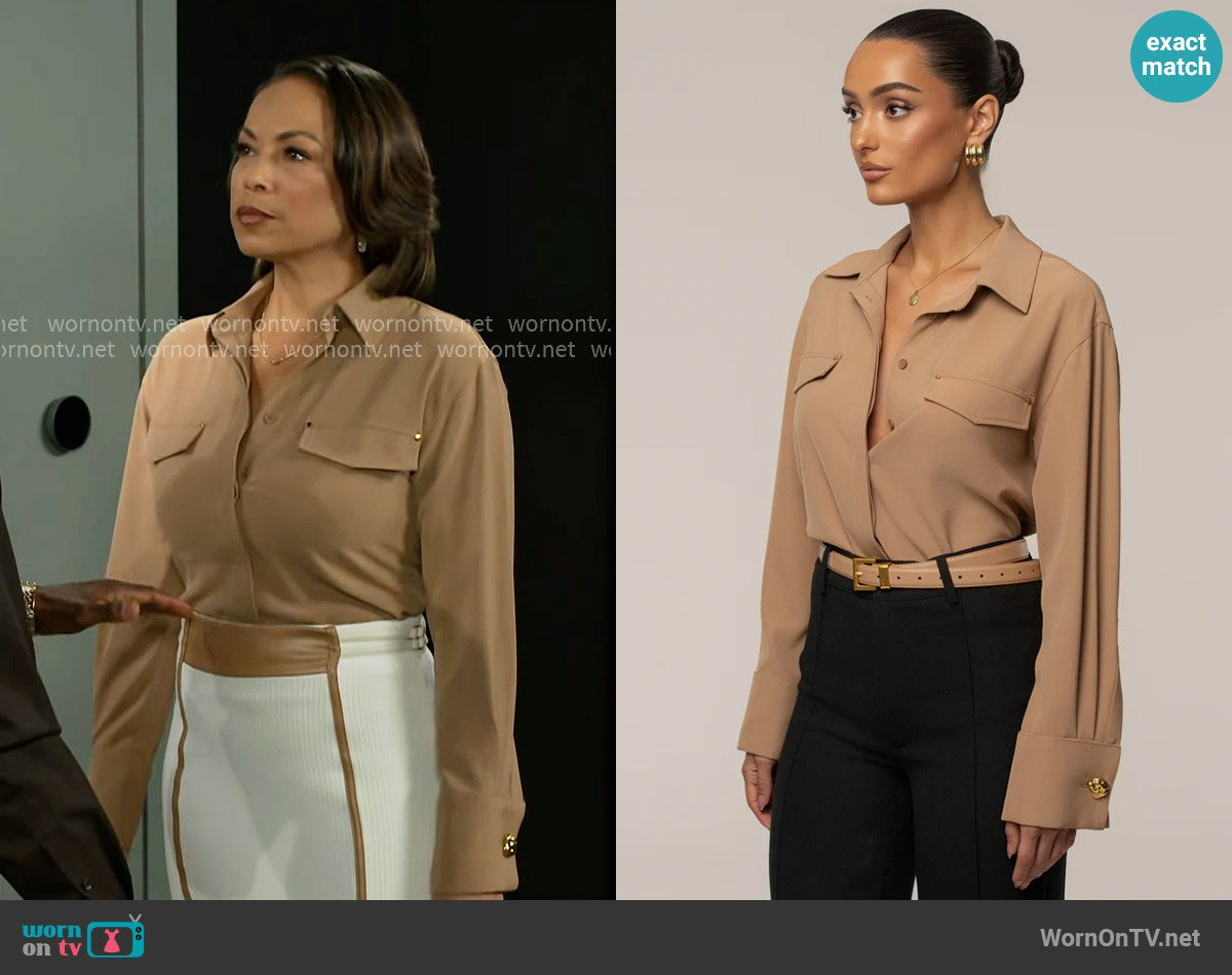 JLuxLabel Stella Button Up Shirt in Tan worn by Nicole Dupree Richardson (Daphnee Duplaix) on Beyond the Gates