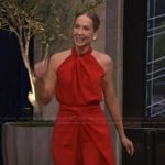Joanne Froggatt’s red halter top and pants on Live with Kelly and Mark