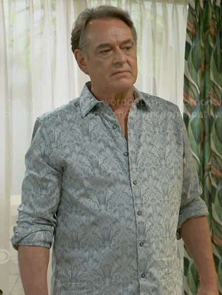 Joey’s blue printed shirt on Beyond the Gates