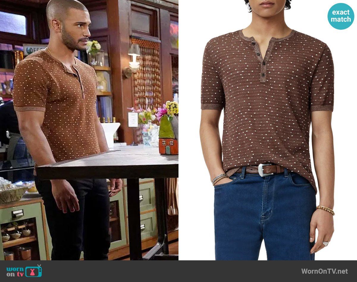 John Varvatos Cabras Henley in Hazlenut worn by Holden Novak (Nathan Owens) on The Young and the Restless