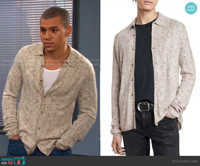 John Varvatos Carvaggio Slub Collared Cardigan in Snow Heather worn by Theo (Tyler Andrews) on Days of our Lives