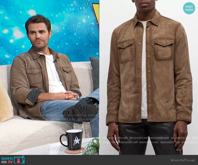 John Varvatos Izzy Suede Shirt Jacket worn by Paul Wesley on Access Hollywood