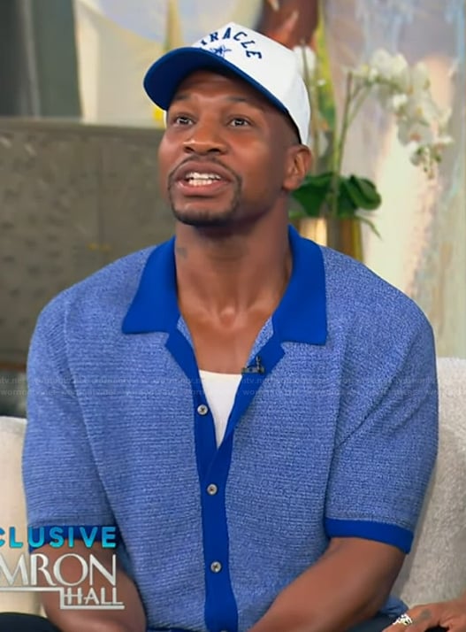 Jonathan Majors’ blue knit polo on Tamron Hall Show