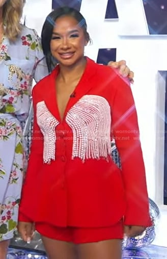 Jordan Chiles’s red pearl embellished blazer and shorts on Good Morning America