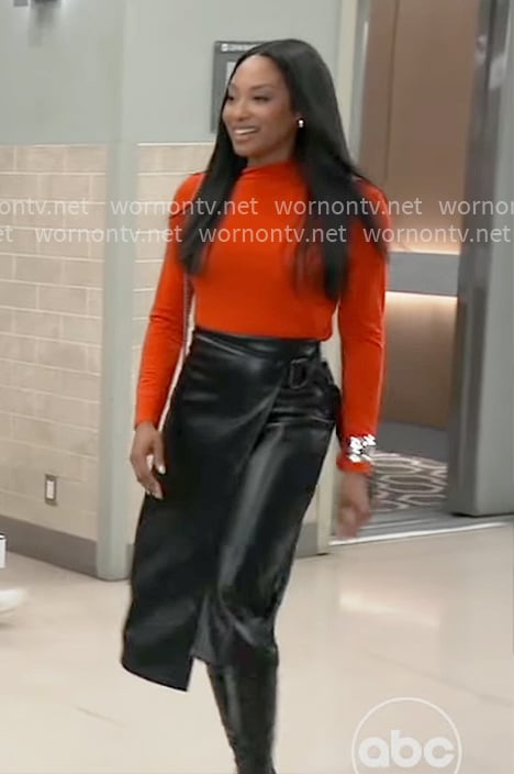 Jordan’s red long sleeved top and leather skirt on General Hospital