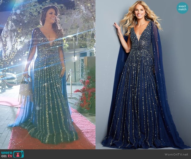 Jovani 23362 Embellished Plunging Neckline A line Dress in Navy worn by Adriana de Moura (Adriana de Moura) on The Real Housewives of Miami