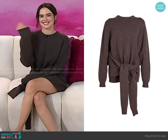 JW Anderson Draped Tie-Front Sweater in Smoke worn by Zoey Deutch on Today