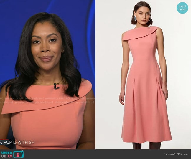 Karen Millen Compact Stretch Asymmetric Neck Tailored Full Skirted Dress in Coral worn by Shirleen Allicot on Good Morning America
