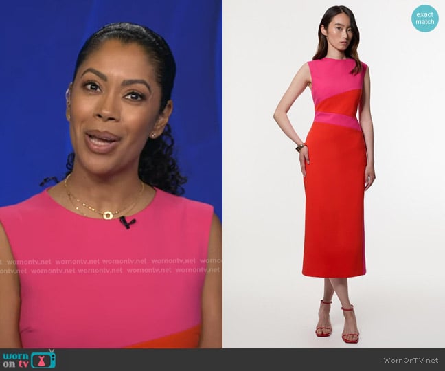 Karen Millen Compact Stretch Color Block Tailored Pencil Dress in Hot Pink worn by Shirleen Allicot on Good Morning America