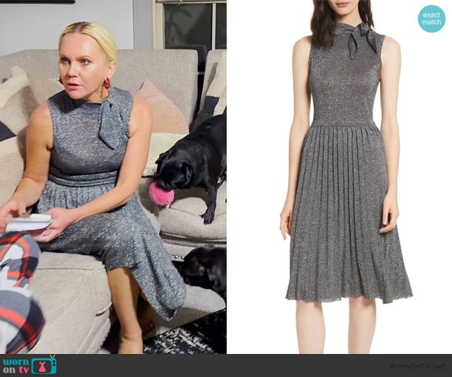 Kate Spade Black Silver Metallic Bow-Tie High Neck Pleated Knit Sweater Dress worn by Galyna Saltkovska on The McBee Dynasty Real American Cowboys