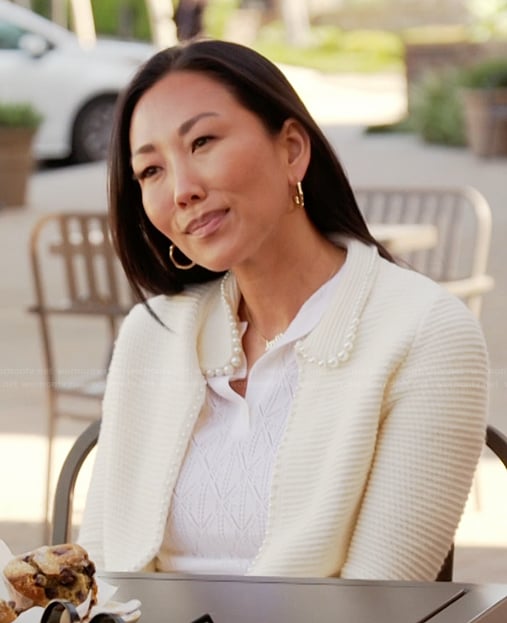 Katie's white pearl trim cardigan on The Real Housewives of Orange County