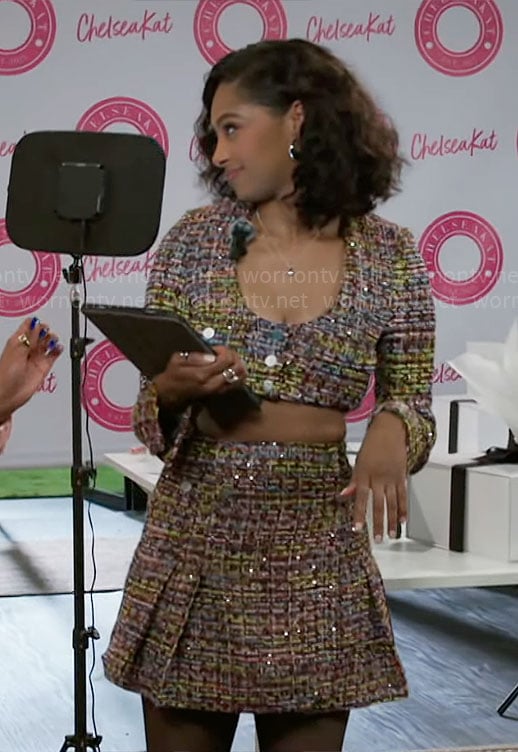 Kat’s tweed crop top and skirt set on Beyond the Gates