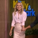 Kelly’s pink blouse and metallic skirt on Live with Kelly and Mark