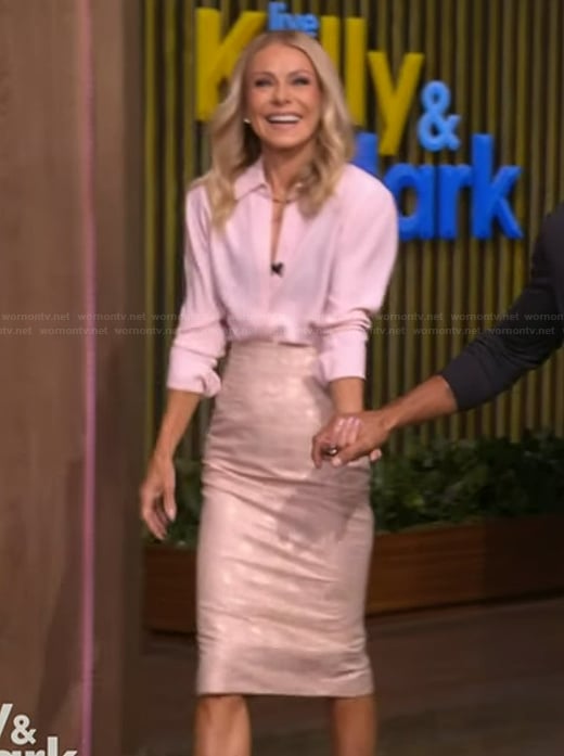 Kelly's pink blouse and metallic skirt on Live with Kelly and Mark