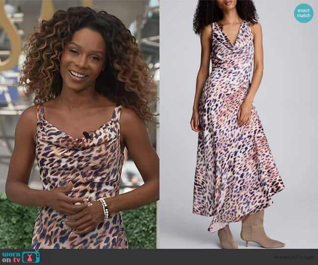 Kenneth Cole Abstract Animal Print Cowl Neck Asymmetric Dress worn by Zuri Hall on Access Hollywood