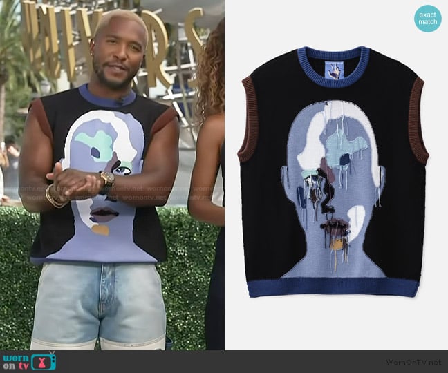 KidSuper Reverse Knit Patchwork Face Vest worn by Scott Evans on Access Hollywood