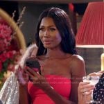 Kiki’s red feather trim strapless dress on The Real Housewives of Miami
