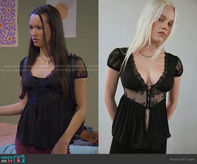 Kimchi Blue Sheer Swiss Dot Lace Trim Puff Sleeve Blouse worn by Sophia Choi (Rachel Boyd) on Days of our Lives