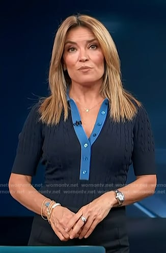 Kit’s navy cable knit polo on Access Hollywood
