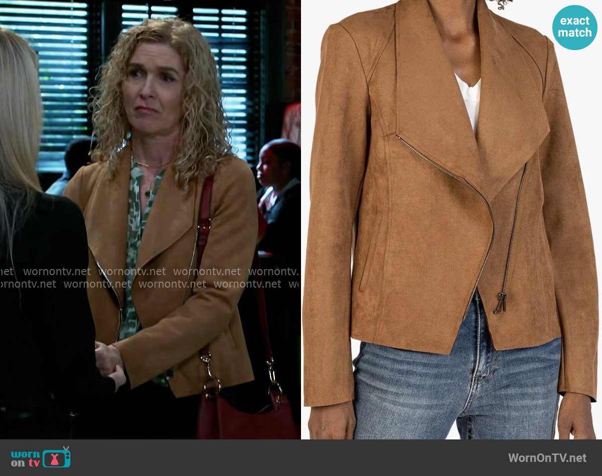 Kut from the Kloth Carina Camel Vegan Suede Asymmetrical Zip Moto Jacket worn by Jan Morgan (Jerri Tubbs) on Beyond the Gates