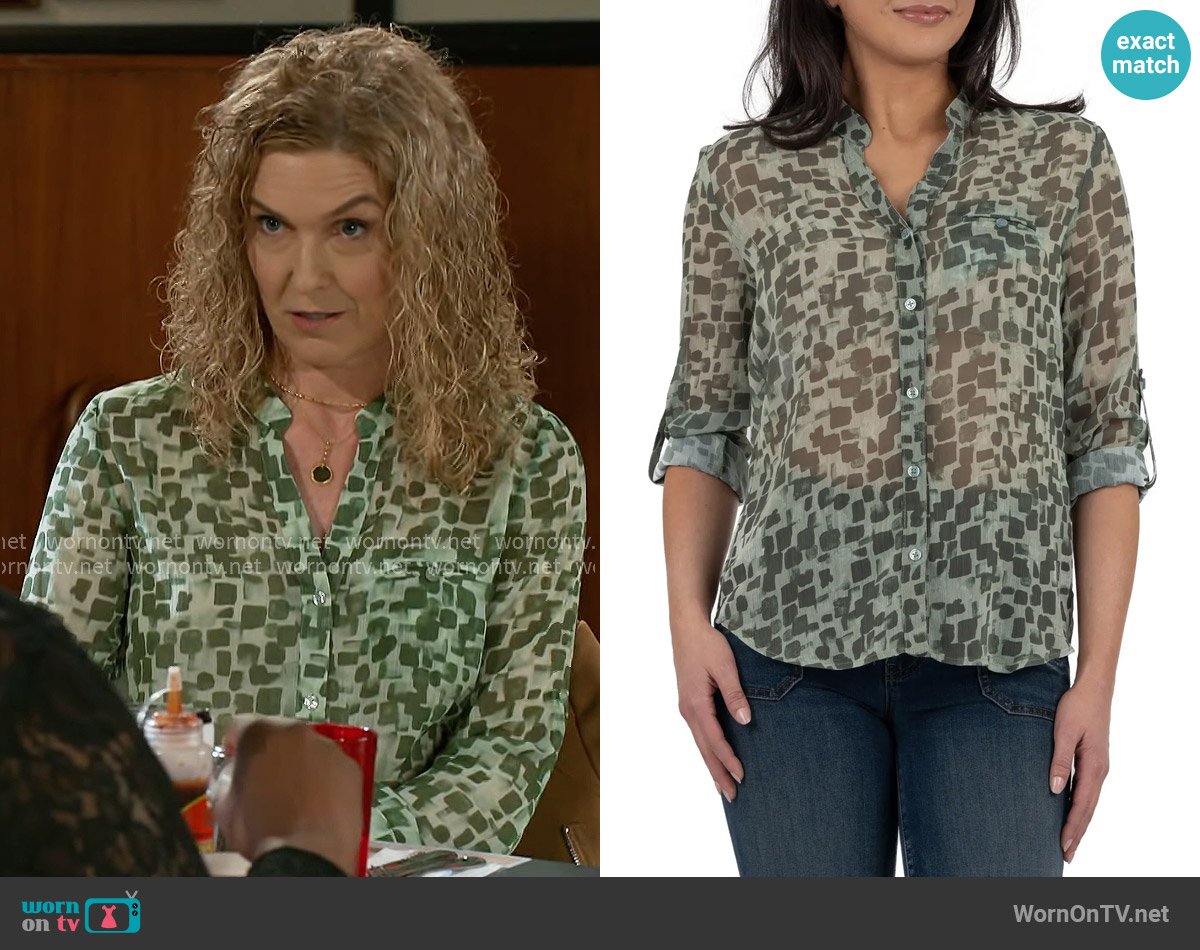 Kut from the Kloth Jasmine Chiffon Button-Up Shirt in Linares Sage Olive worn by Jan Morgan (Jerri Tubbs) on Beyond the Gates
