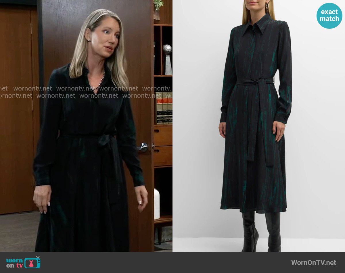 Lafayette 148 New York Belted Abstract-Print Silk Midi Shirtdress worn by Nina Reeves (Cynthia Watros) on General Hospital