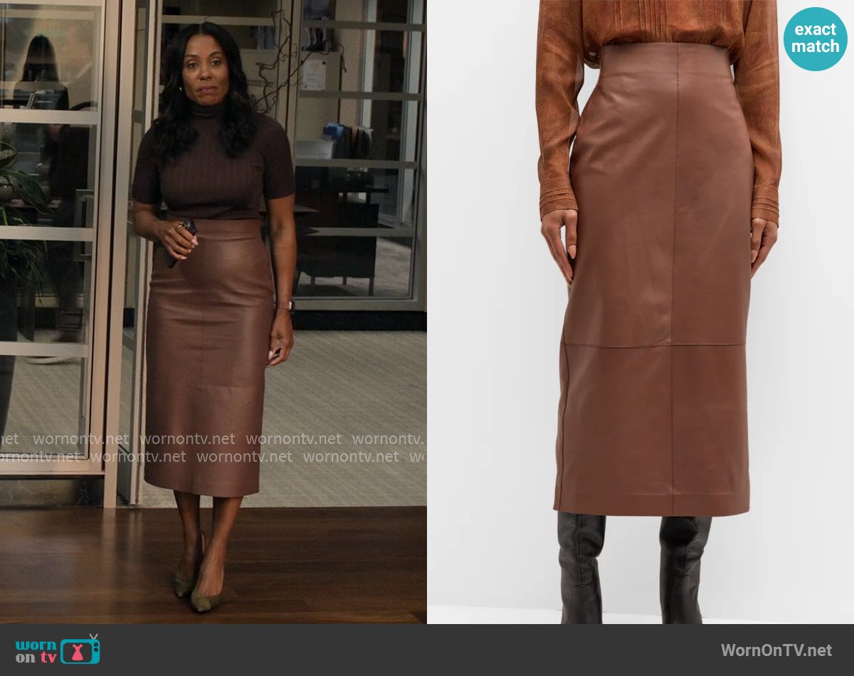 Lafayette 148 New York Paneled Leather Midi Pencil Skirt worn by Mia Jordan (Karen Pittman) on The Morning Show