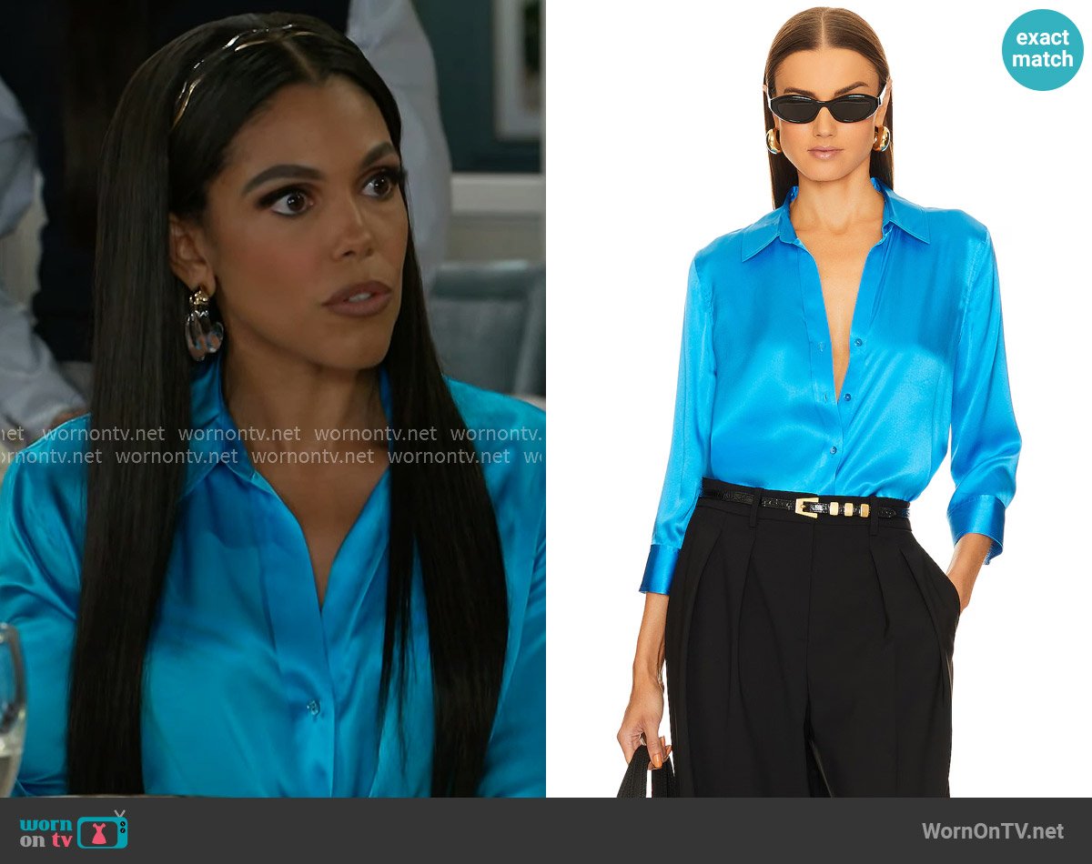 L'Agence Dani 3/4 Sleeve Blouse in Neon Blue worn by Dani Dupree (Karla Mosley) on Beyond the Gates
