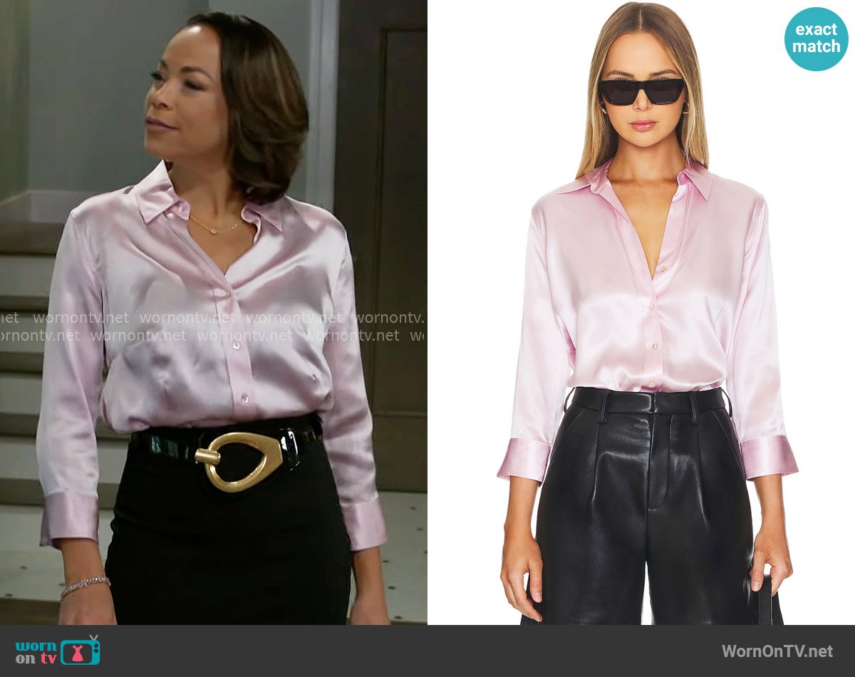 L'Agence Dani Blouse in Lilac Snow worn by Nicole Dupree Richardson (Daphnee Duplaix) on Beyond the Gates