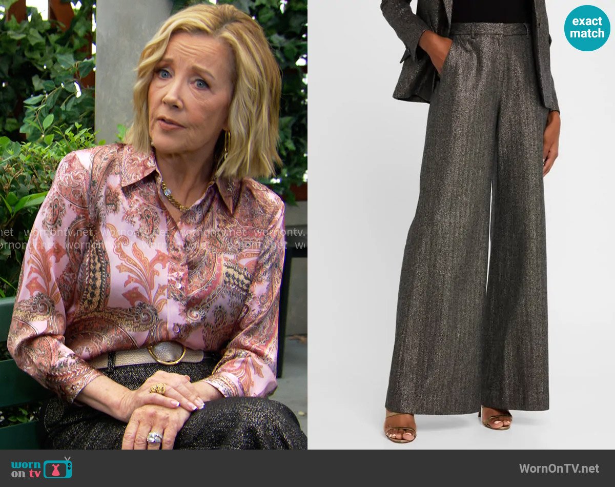 L'Agence Pilar Metallic Herringbone Wide-Leg Pants worn by Nikki Reed Newman (Melody Thomas-Scott) on The Young and the Restless