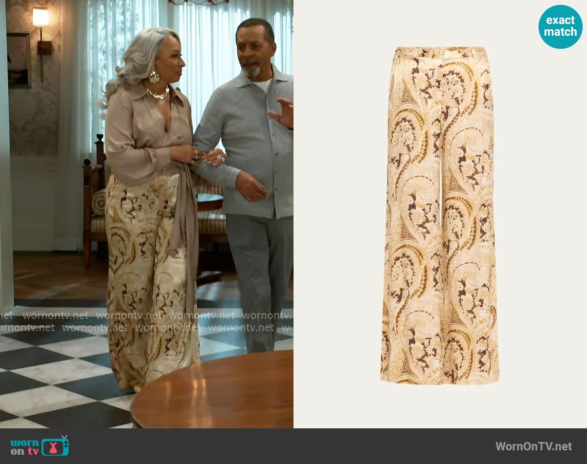 L'Agence Pilar Paisley Wide-Leg Silk Pants worn by Anita Dupree (Tamara Tunie) on Beyond the Gates