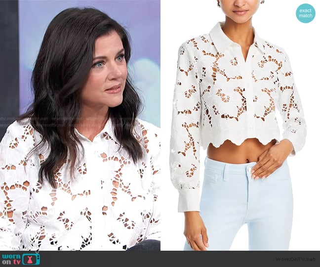 L'Agence Seychelle Lace Button Front Shirt worn by Tiffany Thiessen on Access Hollywood