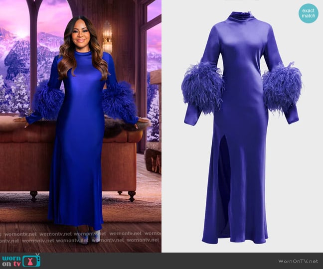 Lapointe Feather-Trim Mock-Neck Long-Sleeve Slit Satin Bias Gown worn by Mary Cosby on The Real Housewives of Salt Lake City