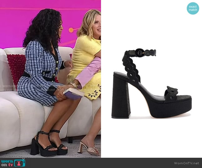 Larroudé Dolly Broderie Slip On Sandals in Black worn by Sheinelle Jones on Today