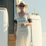 Laura’s white stripe trim dress on The Girlfriend