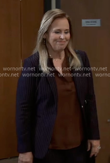 Laura’s brown blouse and pinstripe suit on General Hospital