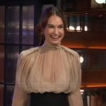 Lily James’s sheer top and high waist pants on The Kelly Clarkson Show