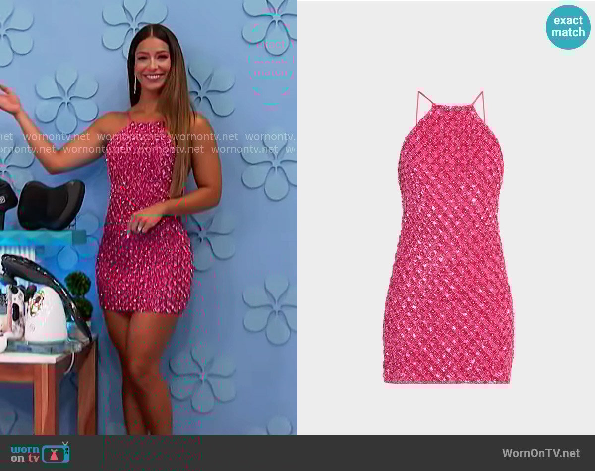 Liv Foster Violet Beaded Low-Back Halter Mini Dress worn by Manuela Arbeláez on The Price is Right